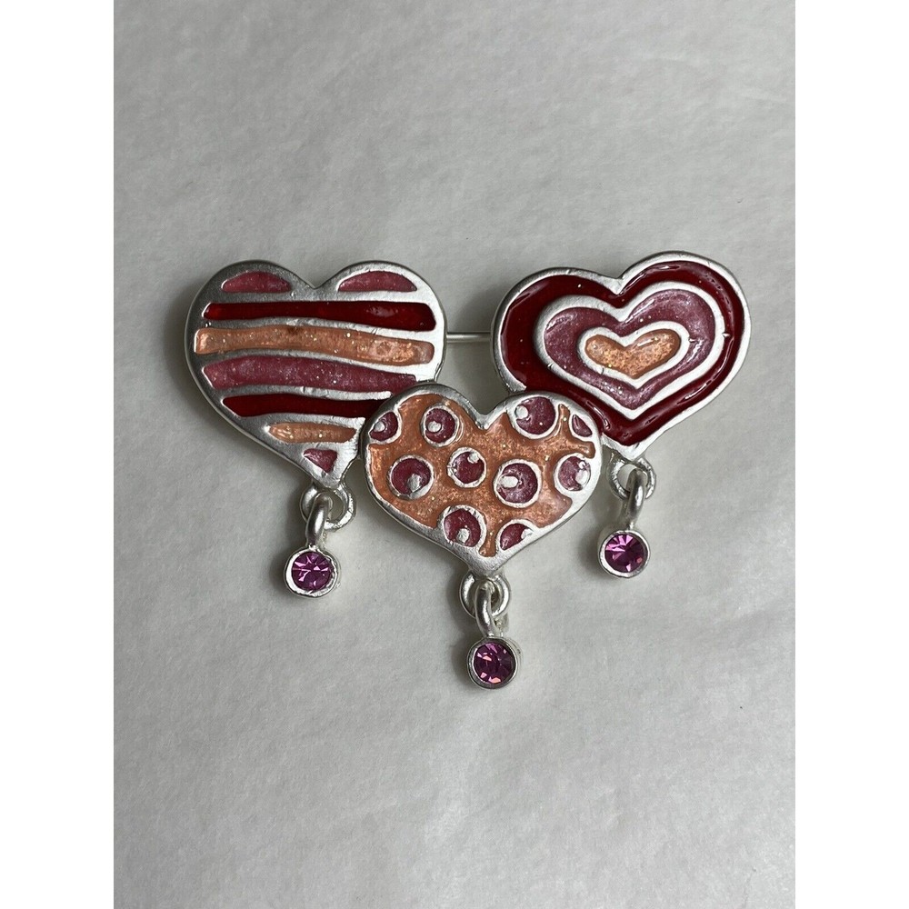 AJMC Metal Pink Rhinestone Enamel Hearts Brooch Pin